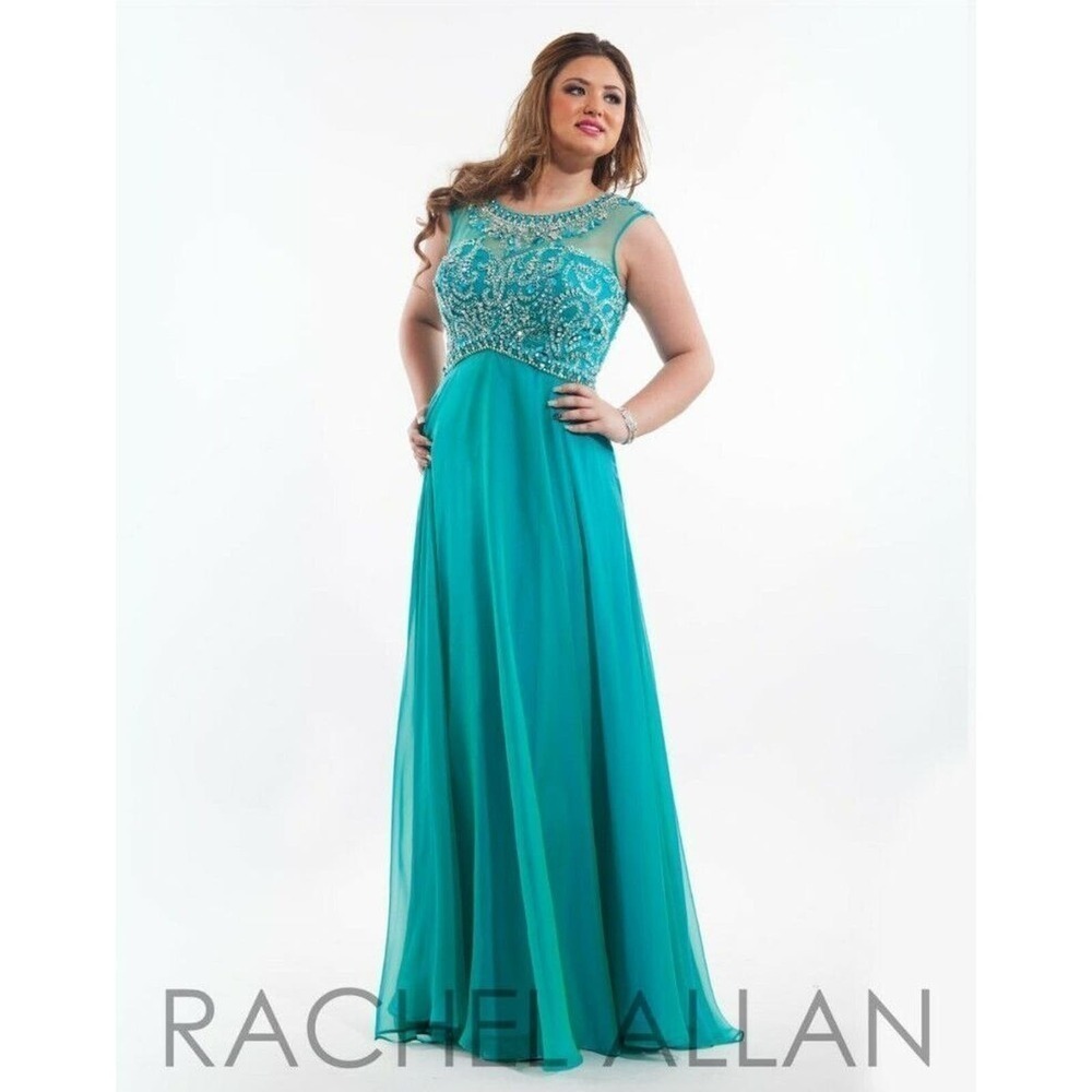 Rachel Allan 22w Prom Dress Teal Beaded Sequin Cap Sleeve Mesh Layered Maxi Long